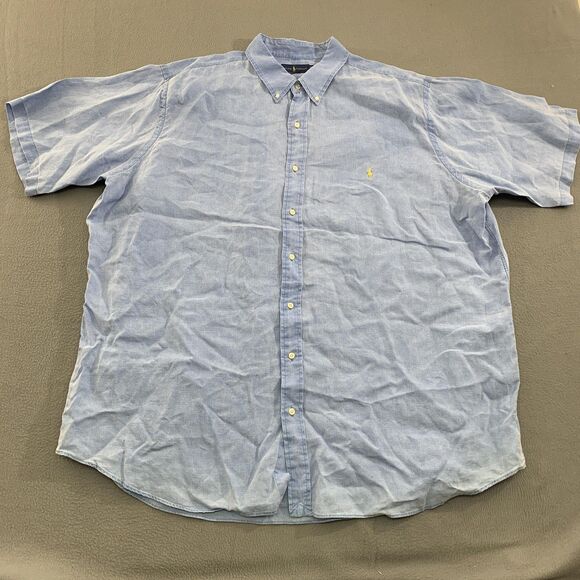 Ralph Lauren Shirt Mens 3XL Blue Linen Slim Fit Short Sleeve Button Down Casual - Picture 1 of 14